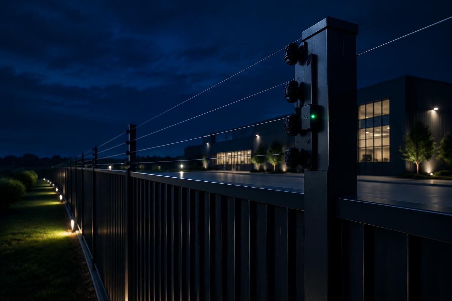 Cerca eléctrica perimetral protegiendo una propiedad empresarial de noche